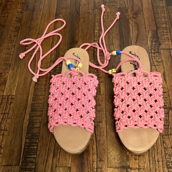 Free People Sandals Peony Pink Candy Crochet Clogs Ankle lace US 9 to 9.5 EU 40 - Picture 6 of 14